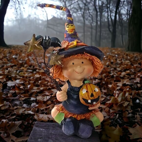 Halloween Witch Figure Resin Vintage 90s CUTE Jack O Lantern Bats TINY FLAWS - Picture 1 of 15